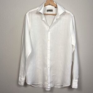 Canali Men White Italian Linen Long Sleeve Button Up Sport Shirt Size XL Luxury
